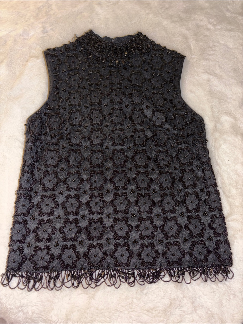 Vintage 1950's-60's Hand Beaded Black Sleeveless Shell w/ Fringe 36